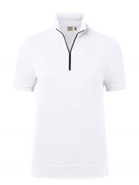 Weißes Damen Zip-Shirt aus Piqué mit figurbetonter Passform, kurzem Reißverschluss und elastischem Bund an Saum und Ärmeln